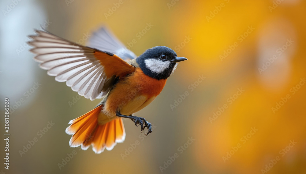Fototapeta premium Eurasian bearded tit bird in flight during autumn. This small bird has orange, black, and white plumage and flies with wings spread wide. The background is blurred with warm autumn colors.