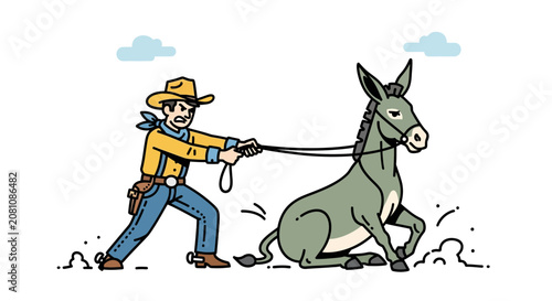 Cowboy pulling a stubborn mule resisting to move vector illustration