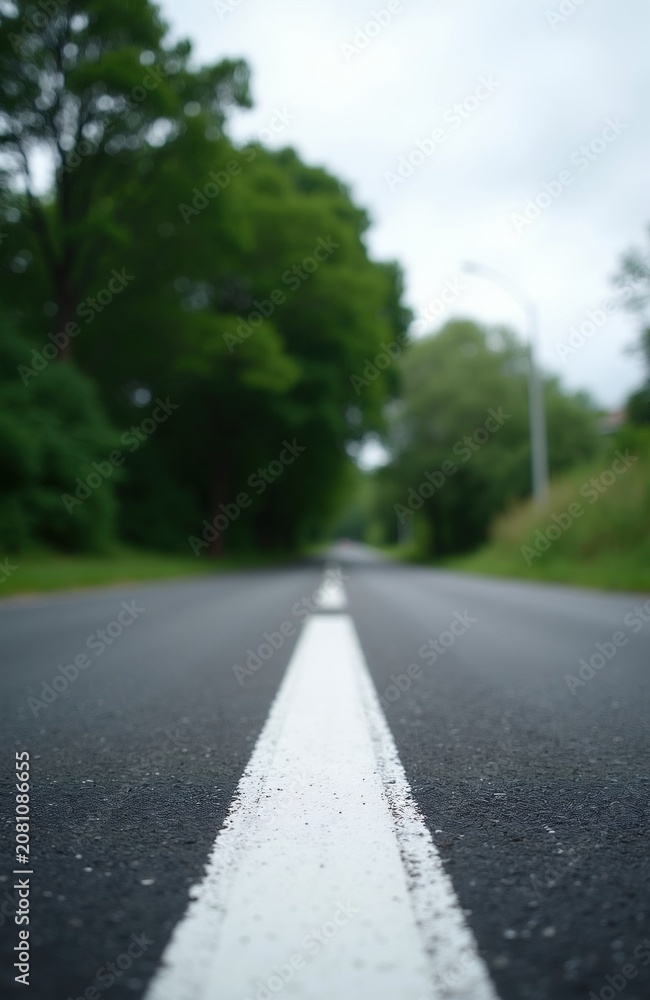 Fototapeta premium View from asphalt road surface with central white lane marking. Trees line road sides under cloudy sky. Perspective shot shows empty roadway vanishing into distance.