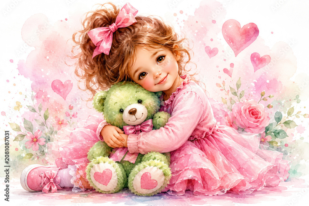 Fototapeta premium Cute Girl Hugging Teddy Bear with Pink Hearts Watercolor Illustration