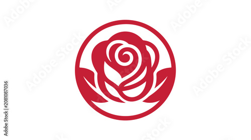 Stylized red rose emblem with leaves inside a circular frame, representing love and beauty in a simple graphic design