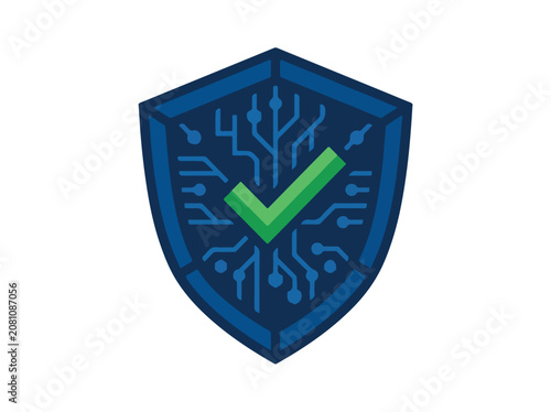 Digital shield icon with a green checkmark symbolizing cybersecurity and data protection on a white background