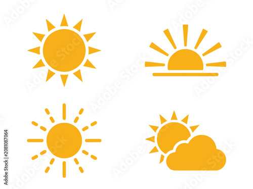 Collection of stylized yellow sun icons representing different weather conditions and times of day on a white background