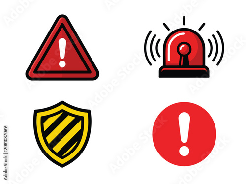 Collection of warning and alert icons including a red triangle exclamation mark, flashing siren light, shield