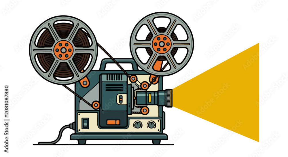 Naklejka premium Vintage Film Projector Machine Showing Light Beam Illustration