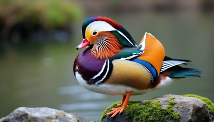 Male mandarin duck perched on mossy rock. Bird displays vibrant orange, purple, green, white, blue plumage. Duck has red beak, stands near water.