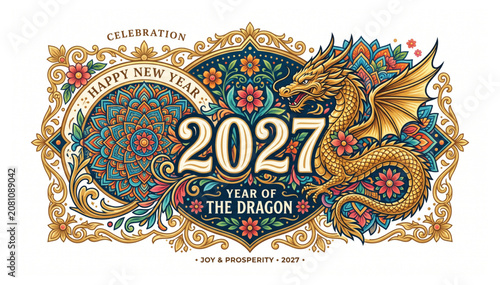 Happy New Year 2027 Year of the Dragon ornate golden dragon banner with floral ornaments premium festive vector illustration