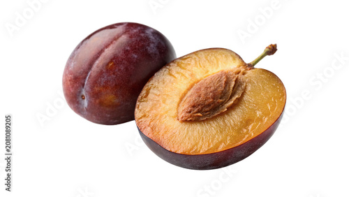 Schilderij op canvas Fresh halved raw purple plum fruit slice isolated on a transparent background