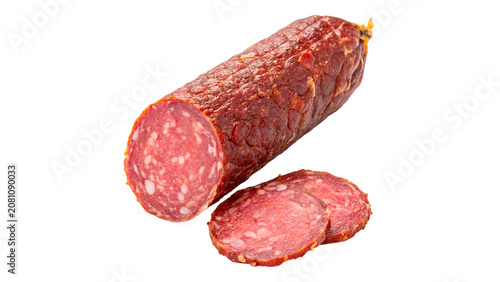 Obraz na plátně Whole and sliced savory salami sausage sticks pork meat isolated on transparent