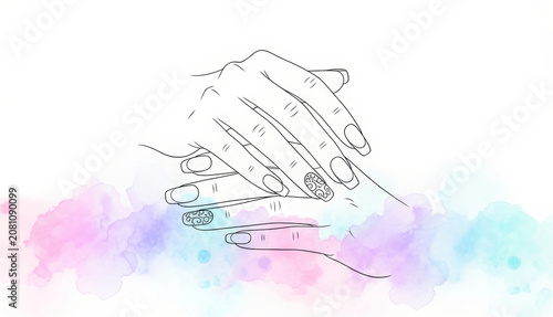 Woman hand with stylish manicure and ring in line art style. Digital illustration of feminine hand design with watercolor splash. Beauty salon and nail care concept for wellness art.
