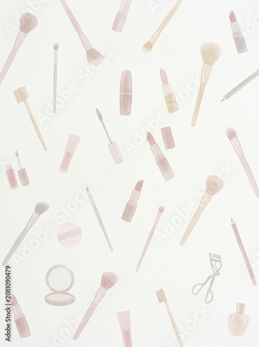 Makeup brushes and beauty cosmetics pattern background. Illustrative arrangement of lipstick, mascara and powder tools. Professional makeup artist equipment for beauty and style concept.