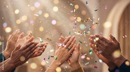 Diverse group of hands clapping in celebration with colorful falling confetti and bokeh lights
