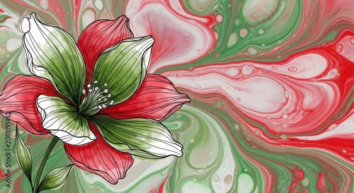 Stylized flower drawing over abstract liquid paint background with swirling red and green marble patterns. Floral artistic design for holiday greeting card and seasonal wallpaper texture.