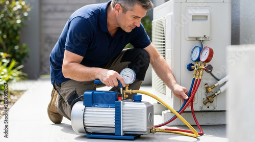 Male HVAC technician using a vacuum pump and manifold gauge on an outdoor air conditioner compressor. Professional worker servicing a residential cooling system