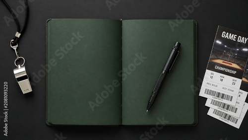 Flat lay composition of tactical game plan notebook with pen and keychain on dark surface