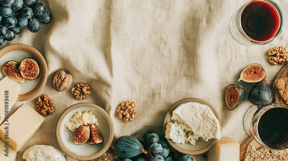 Fototapeta premium Artisanal Cheese Board Spread with Grapes, Figs, Walnuts, and Red Wine on Rustic Linen