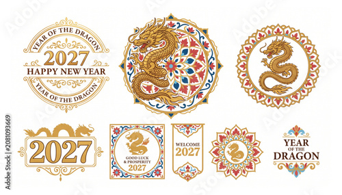 Year of the Dragon 2027 decorative badge collection with golden dragon, ornate medallions, greeting labels and premium vector illustration set