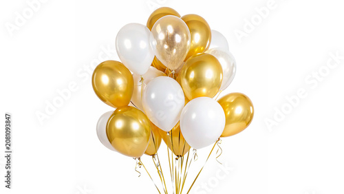 Fotografie Bunch of festive glossy gold and white helium balloons isolated on transparent b