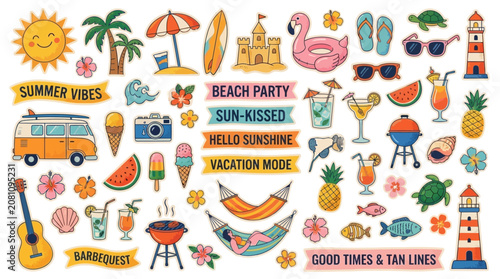 Comprehensive collection of vibrant summertime sticker icons, beach holiday graphic elements, seasonal promotional banners, and bright sunny travel badge illustrations for vacation design.