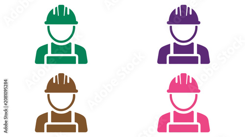 Construction Worker Icons in Different Colors: Four stylized icons of construction workers wearing hard hats and overalls, presented in green, purple, brown, and pink.