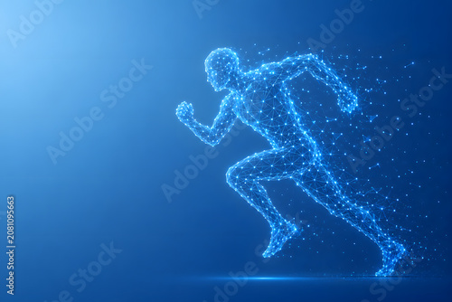 Glowing digital wireframe man running on blue background