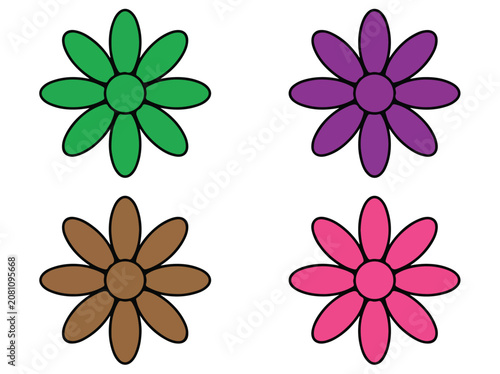 Colorful Flowers Collection: A delightful arrangement of four simple, stylized flowers, each in a distinct vibrant color – green, purple, brown, and pink – presented in a clear, graphic composition.
