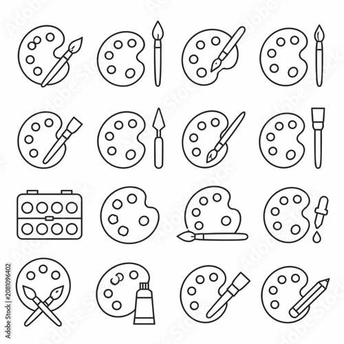 Artist's Tools Collection: A graphic collection of stylized outline icons depicting art supplies such as paint palettes, brushes, paint tubes, and a dropper, representing the creative process.