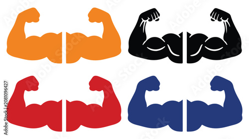 Muscle Flex Icons: A set of four stylized icons depicting flexing muscular arms in vibrant colors, representing strength, power, and fitness.