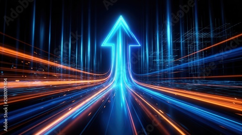 Glowing blue arrow pointing upwards amidst streaks of light and digital progress.