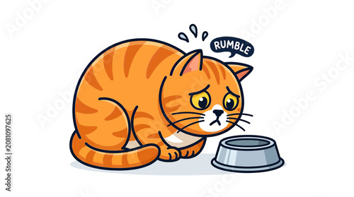 Foto Sad hungry cat with empty bowl, cartoon illustration