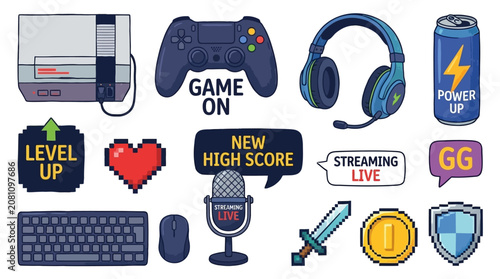 Comprehensive Collection of Retro Video Game Sticker Featuring Pixelated Controller Icon and Digital Gaming Element in Flat Vector Graphic Design Style for Gamer