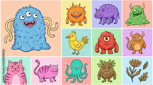 Vibrant collection of diverse cartoon monster and whimsical fantastic creature featuring unique shape and playful expression on white background for creative design.