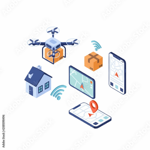 Isometric illustration of drone delivery and mobile app navigation.