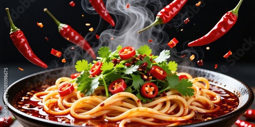 Hot spicy asian noodles in dark bowl with flying red chilies and steam. Fresh cilantro leaves and chili slices on top, flavorful broth, motion food concept.
