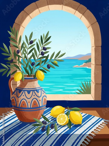 Serene Coastal View With Lemon And Olive Decor In A Pottery Vase