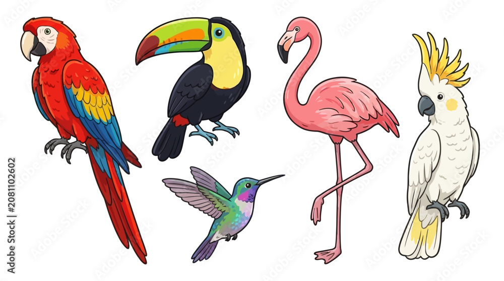 Fototapeta premium Adorable Tropical Bird Illustration Vector Collection Featuring Exotic Parrot, Toucan, Pink Flamingo, Colorful Hummingbird and White Cockatoo in Vibrant Jungle Wildlife Art Style
