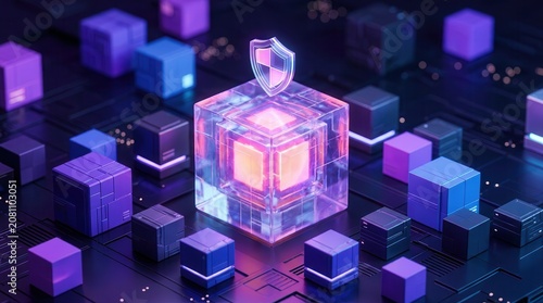 Futuristic open source building block cube with a glowing cybersecurity shield icon.