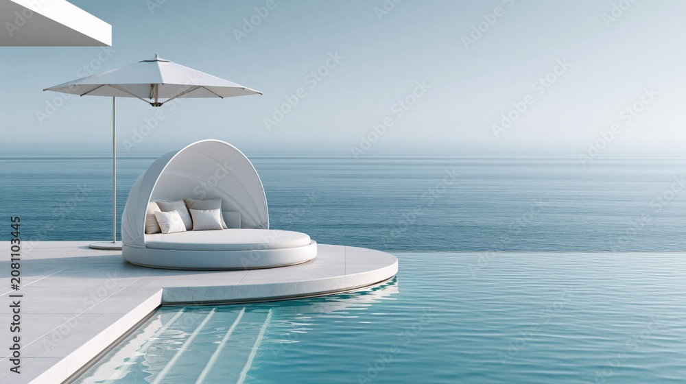 Fototapeta premium Modern Luxury Beachfront Villa with Infinity Pool and Outdoor Daybed with Ocean View