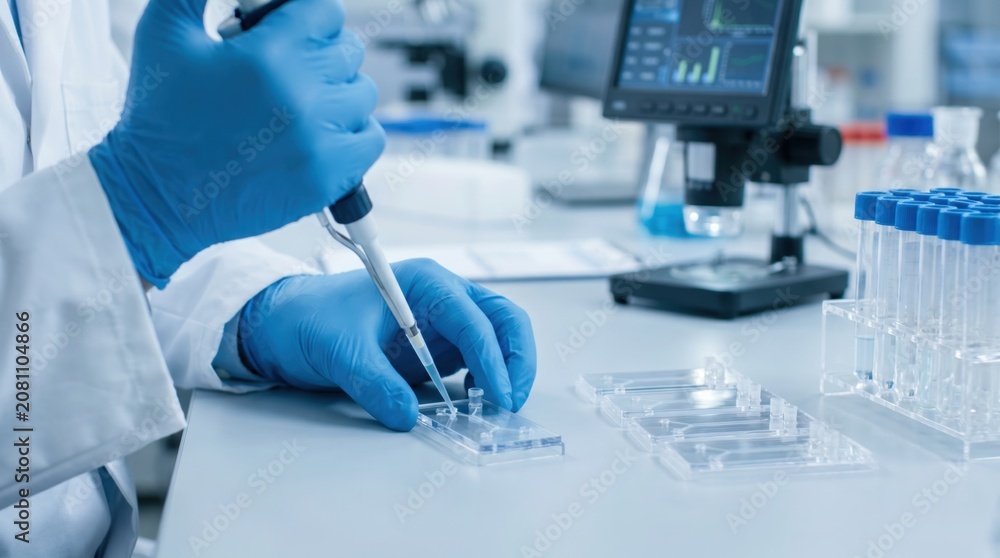 Fototapeta premium Close up of a scientist in blue gloves using a micropipette to load samples into a clear microfluidic chip on a lab bench
