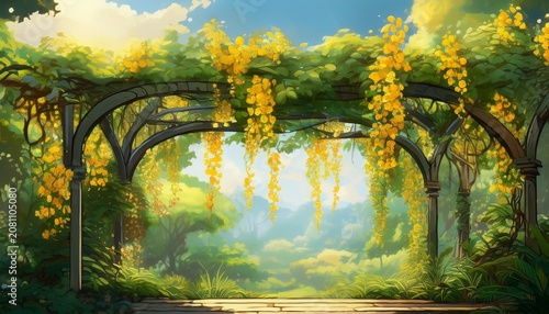 lush green vines form graceful arches overhead bright yellow flowers cascade down the trellises