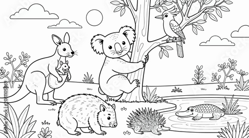 Australian Wildlife Coloring Page: Kangaroo, Koala, Wombat, Echidna, Platypus, Kookaburra