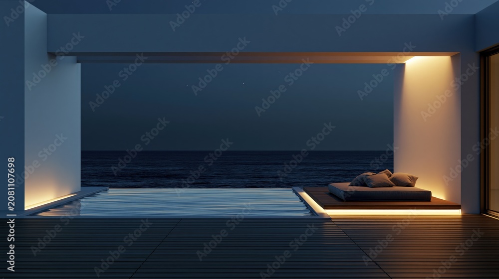 Fototapeta premium Modern Luxury Infinity Pool Overlooking Ocean at Dusk with Ambient Lighting