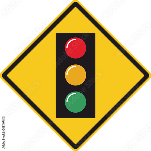 Yellow diamond traffic sign with a traffic light icon showing red yellow and green lights