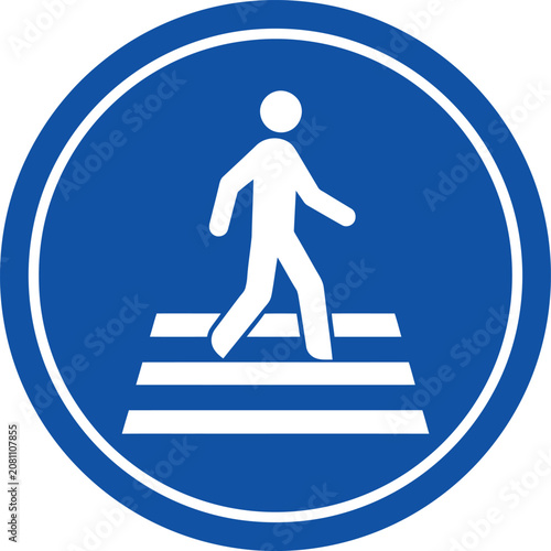 Blue circular pedestrian crossing sign icon with white walking person symbol