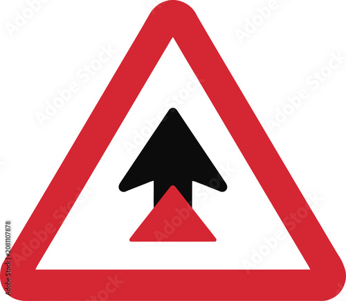 Red triangle road sign with a black upward pointing arrow for traffic direction