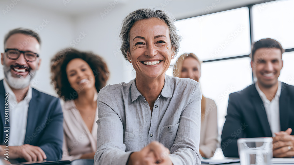Obraz premium Diverse Business Meeting: Smiling Female Inspiring Team Efforts
