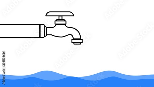 Black outline of a faucet dripping a single blue water drop into waves below on a white background. Perfect for water conservation themes.