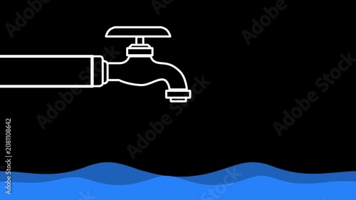 White outline of a dripping faucet with a blue water drop falling into waves against a black background. Highlights water leaks or saving.