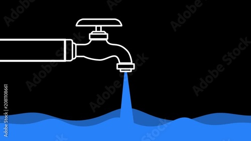 White outline of a faucet pouring a steady stream of blue water, filling the screen with waves on a black background. Loopable animation.