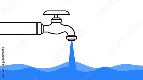 Black outline of a faucet pouring a blue water stream, creating waves on a white background. Ideal for ecology and plumbing visuals.